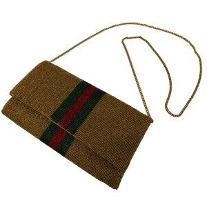 Beaded Gold Evening Clutch W Chain Strap Magnetic Closure Vintage Red & Green